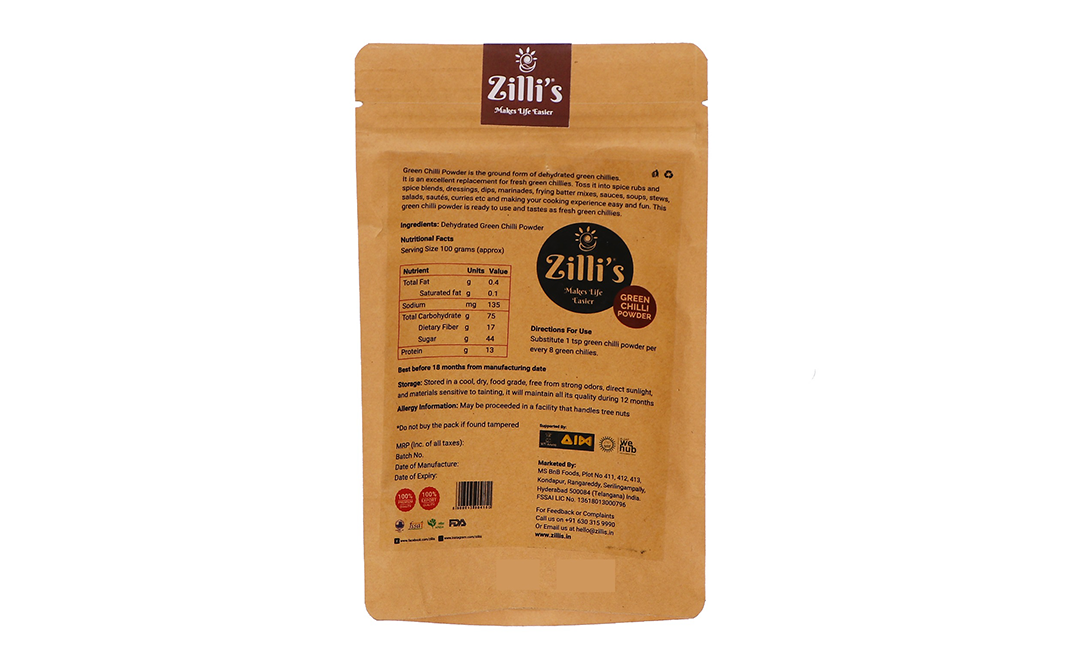 Zilli's Green Chilli Powder    Pack  100 grams